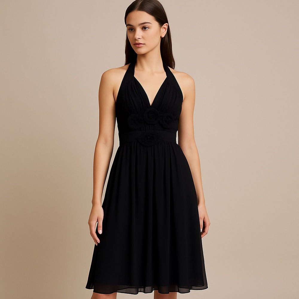 Charles Chang-Lima Silk Halter Midi Dress • Black 100% Silk Size 6